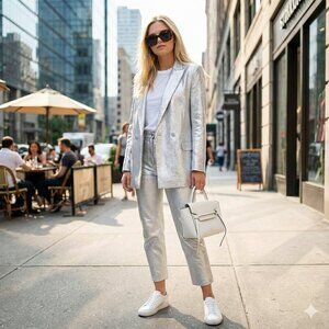 NWT Imperial Maska Mode hammered textured silver metallic foil blazer, M